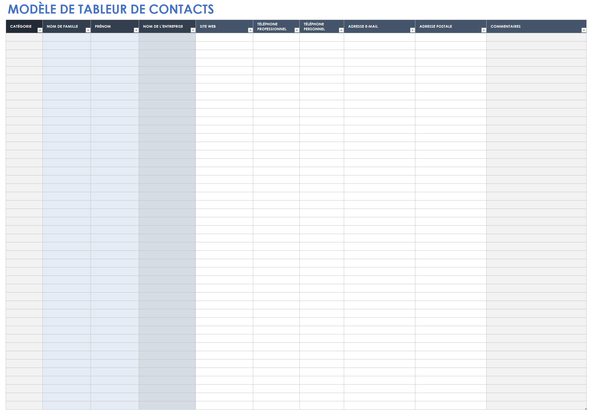 Feuille de calcul des contacts