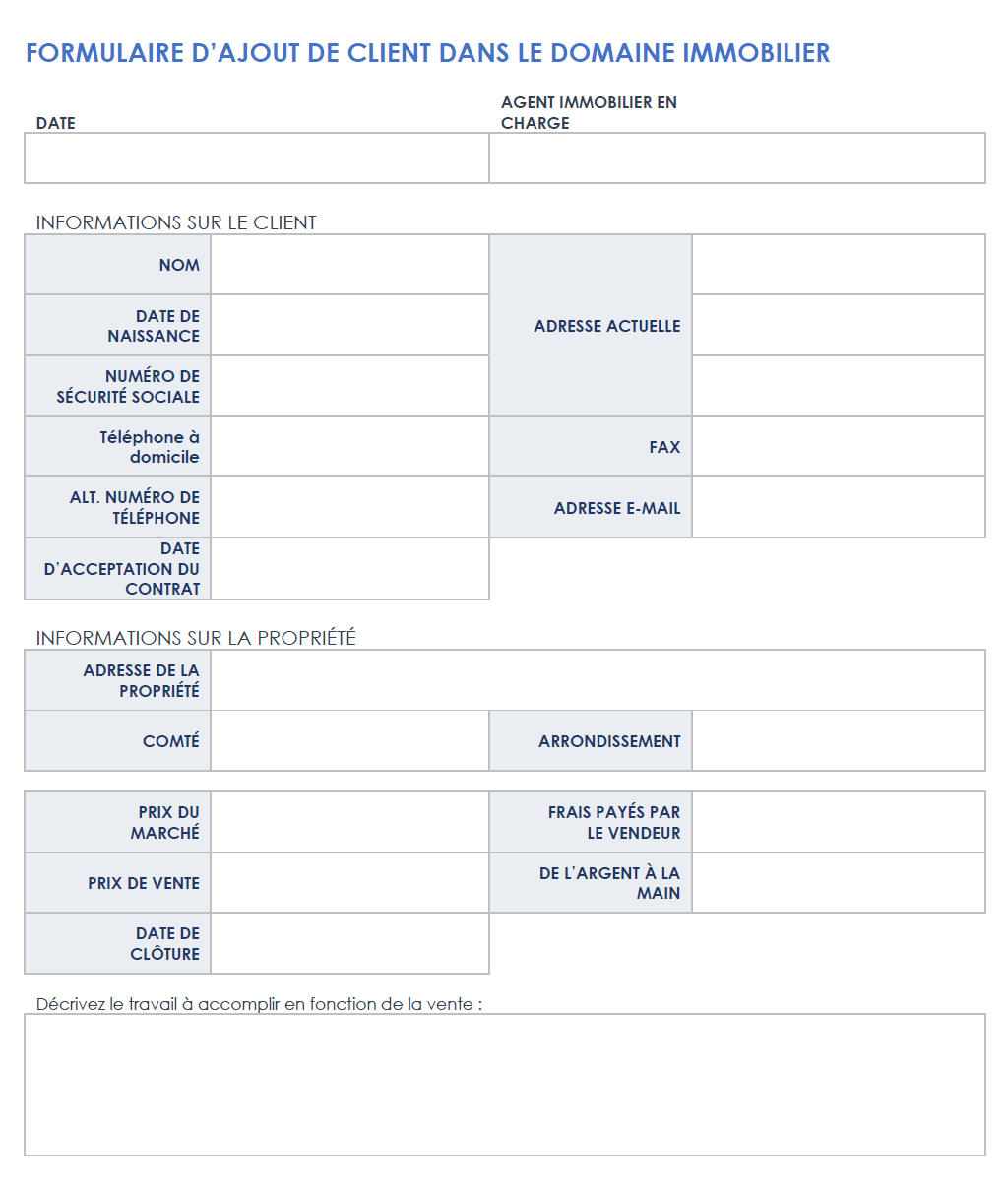 Formulaire d'admission des clients immobiliers