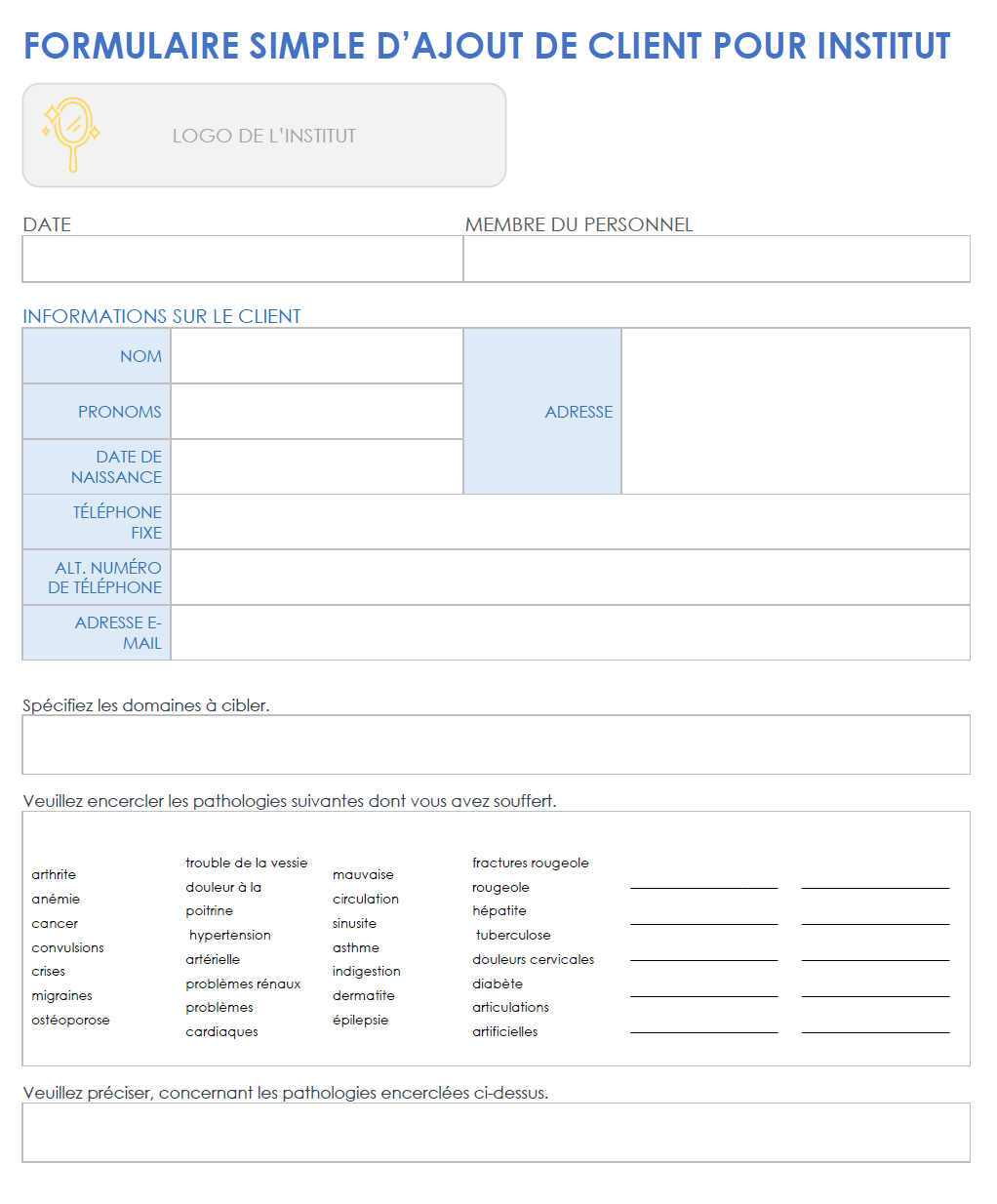 Formulaire d'admission des clients du salon