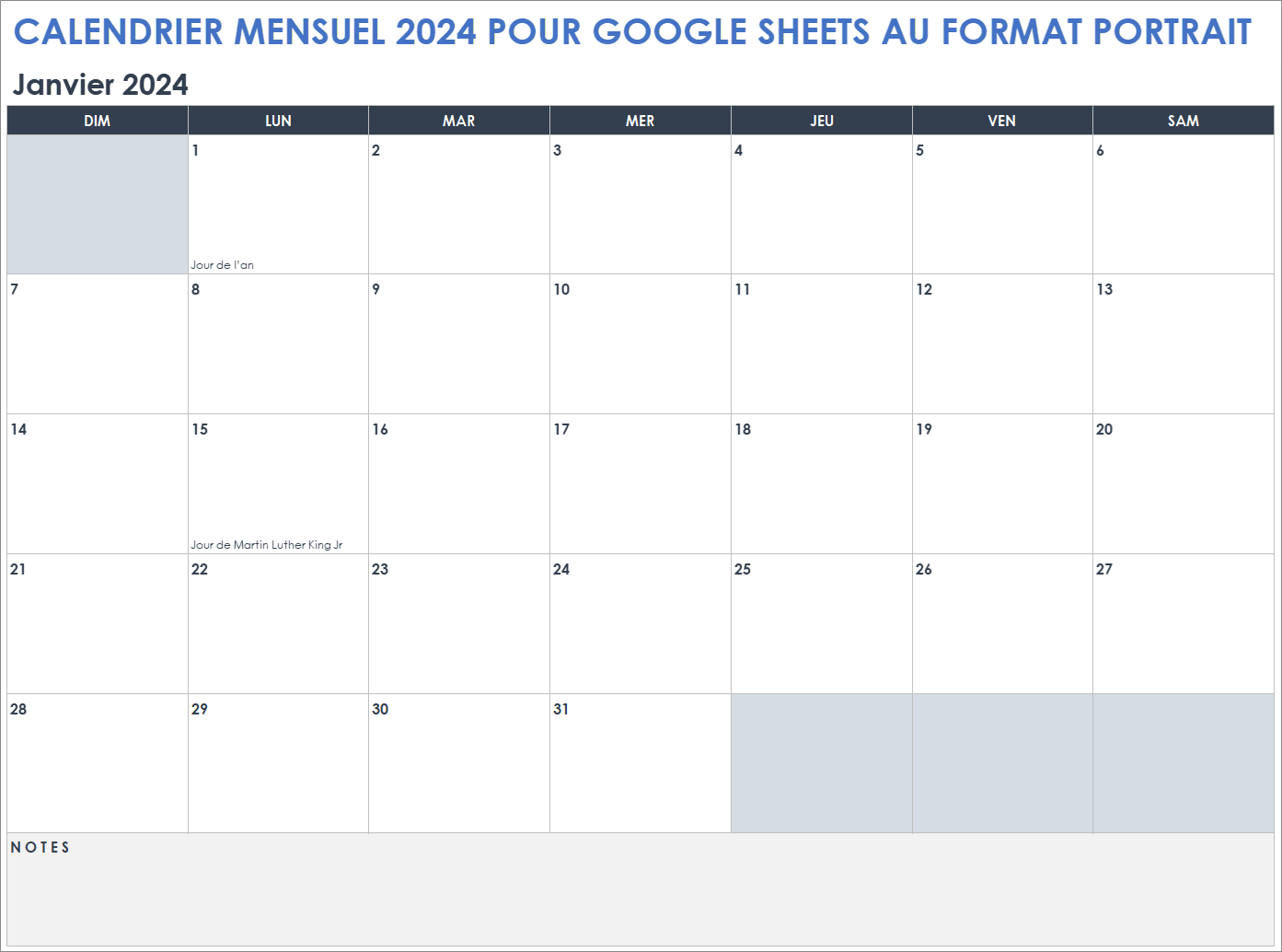  Modèle de calendrier mensuel Google Sheets 2024