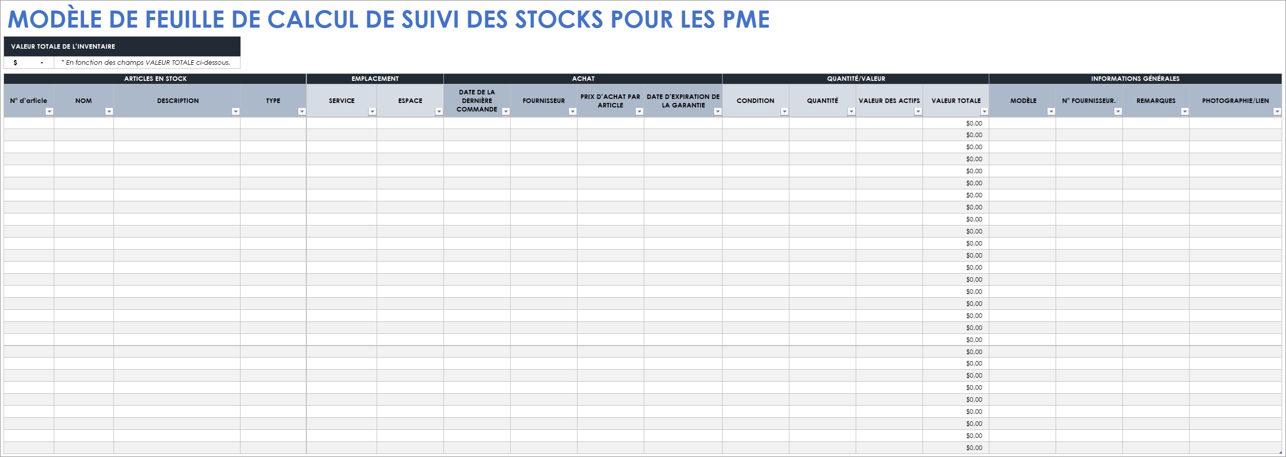  Modèle de feuille de calcul de suivi des stocks pour les petites entreprises