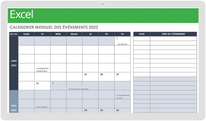 Modèle de calendrier mensuel des événements 2022