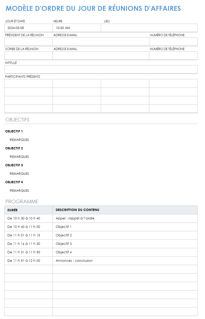 Modèle d'agenda de réunion d'affaires