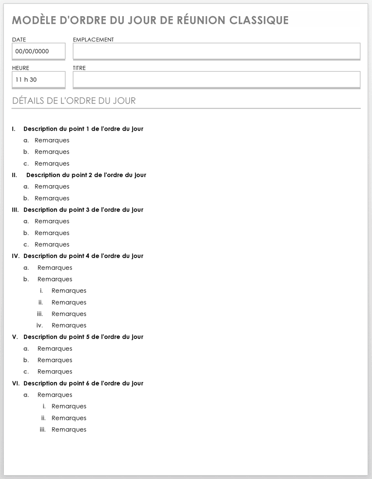 Modèle d'ordre du jour de réunion classique