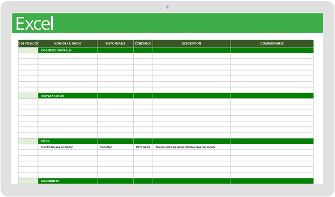 Modèle de liste de poinçons de construction