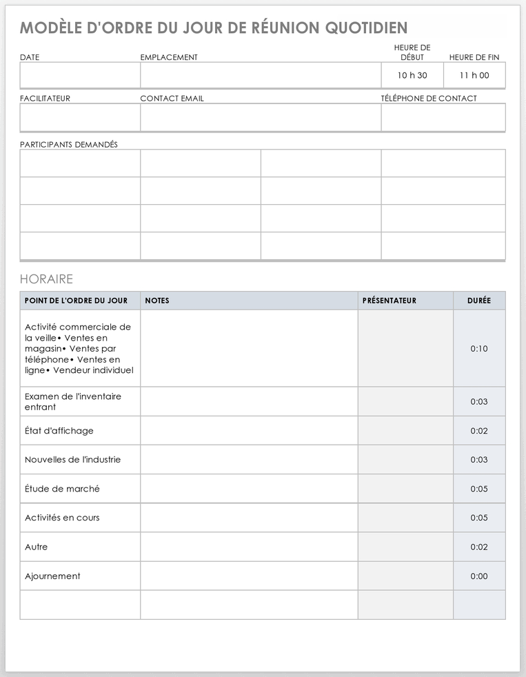 Modèle d'ordre du jour de la réunion quotidienne