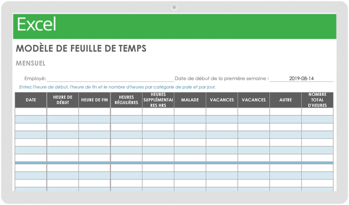 Modèle de feuille de temps mensuelle