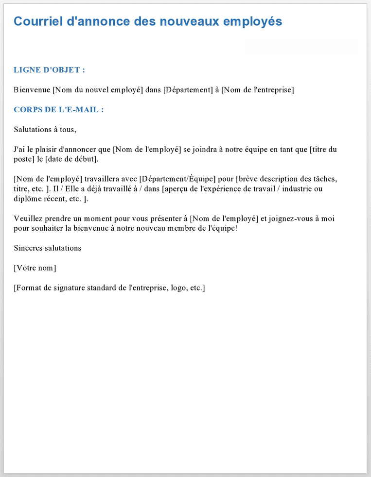  Modèle d'e-mail d'annonce de nouvel employé