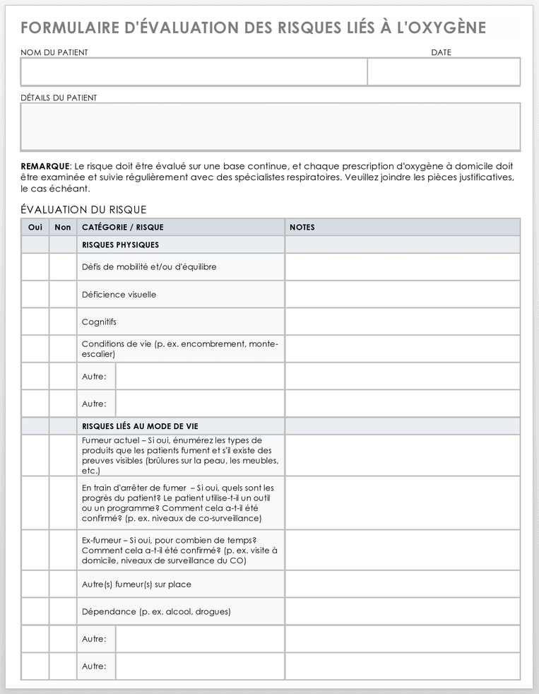 Formulaire d'évaluation des risques liés à l'oxygène