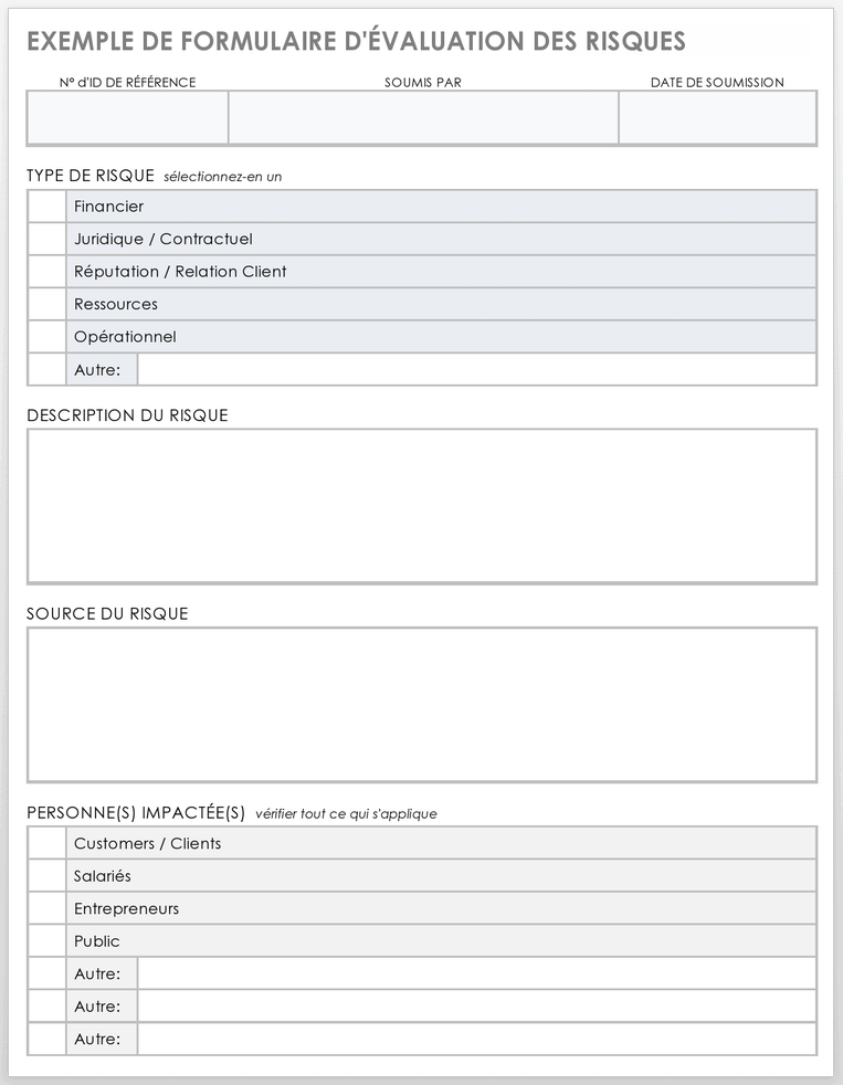 Exemple de modèle de formulaire d'évaluation des risques