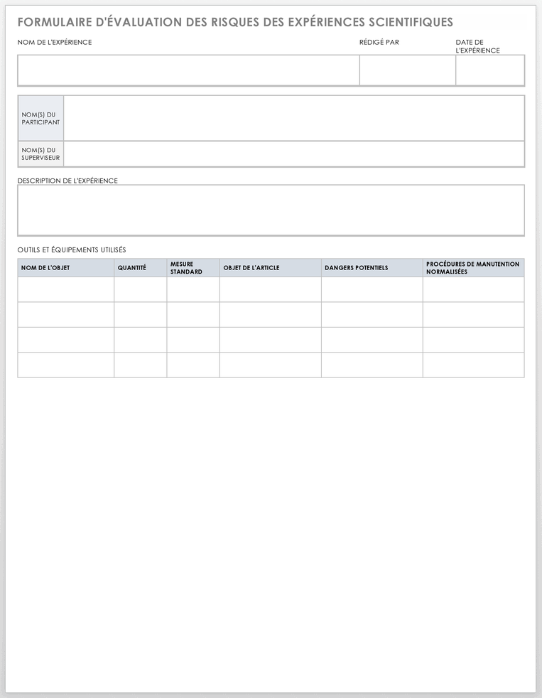 Formulaire d'évaluation des risques des expériences scientifiques